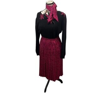 VTG 80s ANDREA GAYLE Petites Knit Top Floral Applique Pink Pleated Skirt Set PM